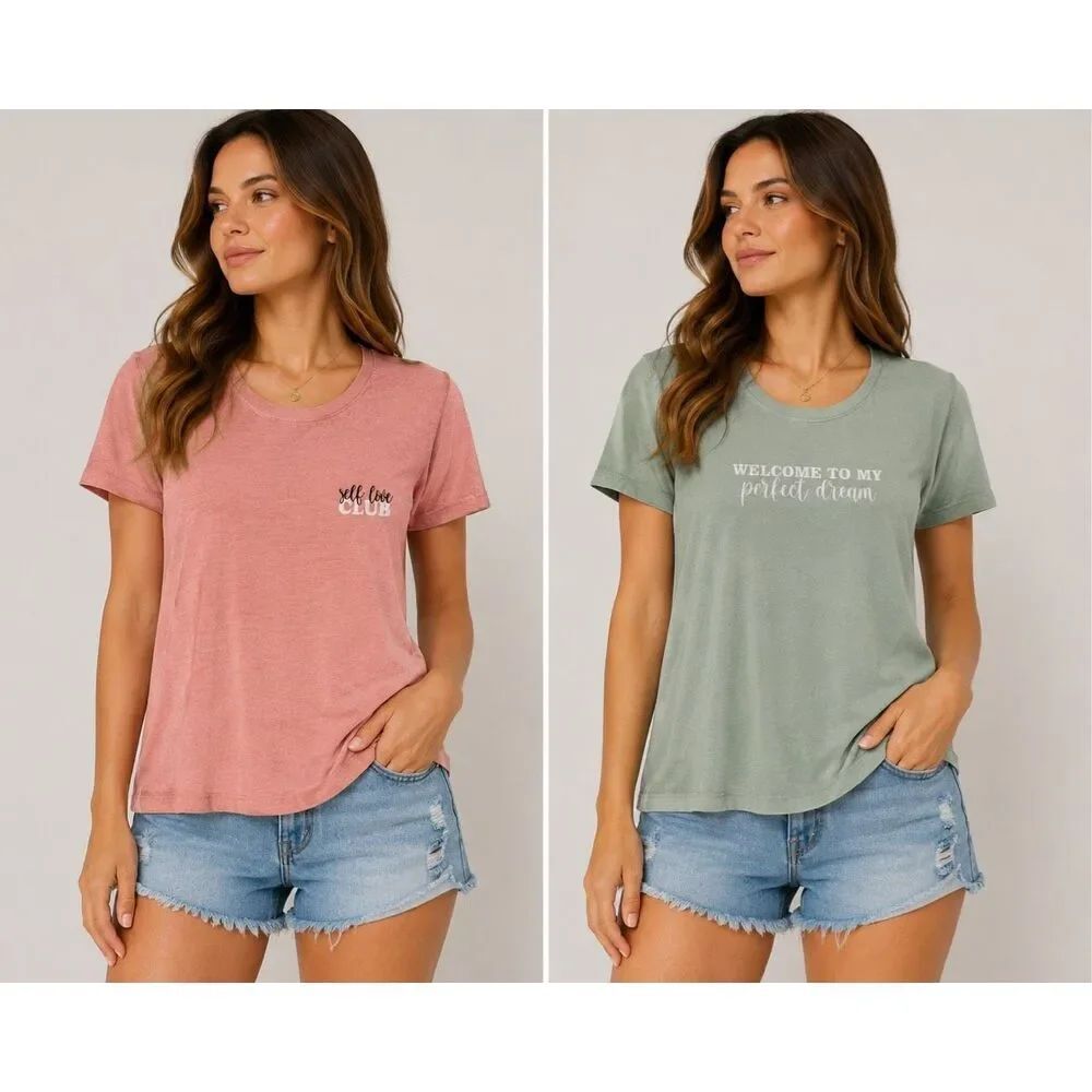 Bloony Brand Set Of 2 Graphic T Shirts Women Size L Pink Green Cotton Blend